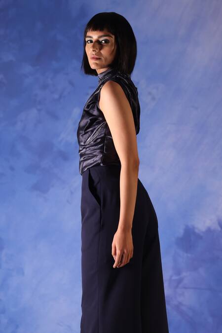 Buy Orthodox Blue Satin Placement Embroidery Aari High Neck Maat River Flow Draped Top Online at Aza Fashions Buy_Orthodox_Blue Satin Placement Embroidery Aari High Neck Maat River Flow Draped Top _Online_at_Aza_Fashions