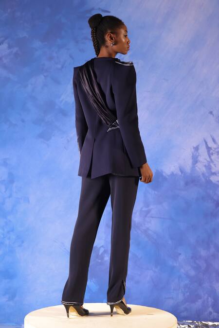 Shop Orthodox Blue Banana Crepe Placement Embroidery Aari Standing Osiris Zardozi Blazer at Aza Fashions Shop_Orthodox_Blue Banana Crepe Placement Embroidery Aari Standing Osiris Zardozi Blazer _at_Aza_Fashions