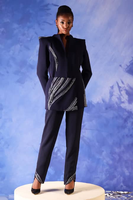 Orthodox Blue Banana Crepe Placement Embroidery Aari Standing Osiris Zardozi Blazer Online at Aza Fashions Orthodox_Blue Banana Crepe Placement Embroidery Aari Standing Osiris Zardozi Blazer _Online_at_Aza_Fashions