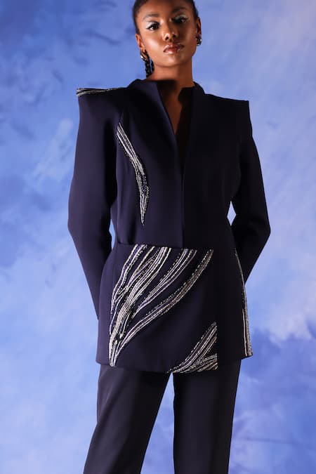 Buy Orthodox Blue Banana Crepe Placement Embroidery Aari Standing Osiris Zardozi Blazer Online at Aza Fashions Buy_Orthodox_Blue Banana Crepe Placement Embroidery Aari Standing Osiris Zardozi Blazer _Online_at_Aza_Fashions