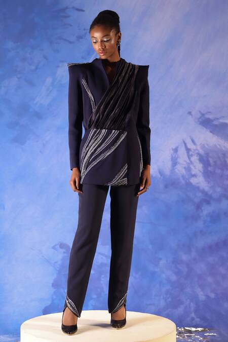 Buy Orthodox Blue Banana Crepe Placement Embroidery Aari Standing Osiris Zardozi Blazer Buy_Orthodox_Blue Banana Crepe Placement Embroidery Aari Standing Osiris Zardozi Blazer