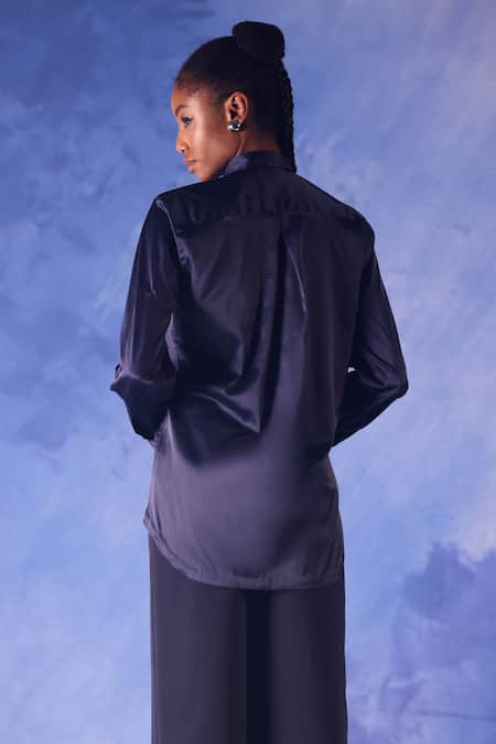 Shop Orthodox Blue Satin Placement Embroidery Aari Collared Round Amira Line Shirt at Aza Fashions Shop_Orthodox_Blue Satin Placement Embroidery Aari Collared Round Amira Line Shirt _at_Aza_Fashions