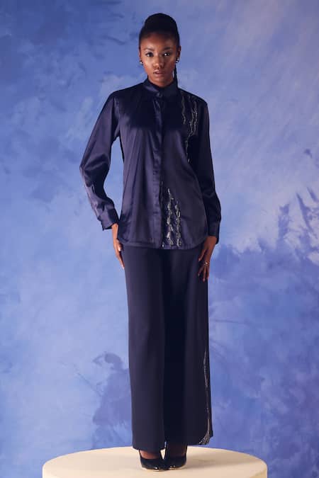 Orthodox Blue Satin Placement Embroidery Aari Collared Round Amira Line Shirt Online at Aza Fashions Orthodox_Blue Satin Placement Embroidery Aari Collared Round Amira Line Shirt _Online_at_Aza_Fashions