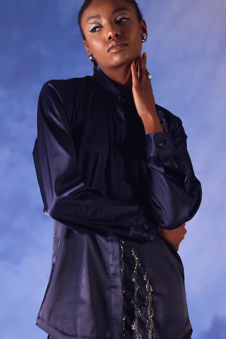 Buy Orthodox Blue Satin Placement Embroidery Aari Collared Round Amira Line Shirt Online at Aza Fashions Buy_Orthodox_Blue Satin Placement Embroidery Aari Collared Round Amira Line Shirt _Online_at_Aza_Fashions