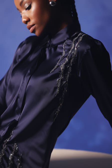 Orthodox Blue Satin Placement Embroidery Aari Collared Round Amira Line Shirt at Aza Fashions Orthodox_Blue Satin Placement Embroidery Aari Collared Round Amira Line Shirt _at_Aza_Fashions