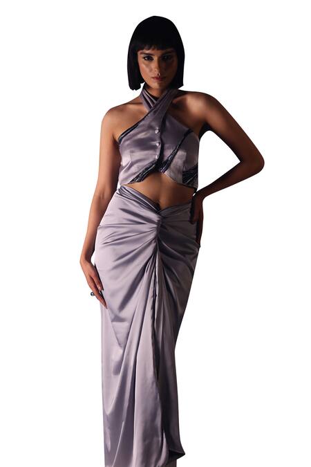 Shop Orthodox Grey Satin Placement Embroidery Aari Criss Cross Neck Heba Vest Online at Aza Fashions Shop_Orthodox_Grey Satin Placement Embroidery Aari Criss Cross Neck Heba Vest _Online_at_Aza_Fashions