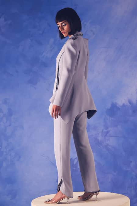 Shop Orthodox Grey Banana Crepe Placement Embroidery Aari Lapel Obelisk Asymmetric Blazer at Aza Fashions Shop_Orthodox_Grey Banana Crepe Placement Embroidery Aari Lapel Obelisk Asymmetric Blazer _at_Aza_Fashions