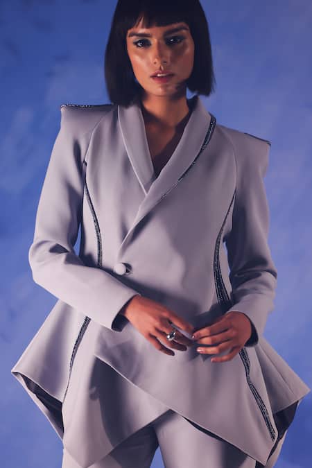 Orthodox Grey Banana Crepe Placement Embroidery Aari Lapel Obelisk Asymmetric Blazer Online at Aza Fashions Orthodox_Grey Banana Crepe Placement Embroidery Aari Lapel Obelisk Asymmetric Blazer _Online_at_Aza_Fashions