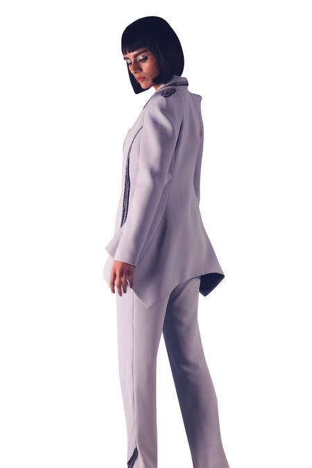 Buy Orthodox Grey Banana Crepe Placement Embroidery Aari Lapel Obelisk Asymmetric Blazer Online at Aza Fashions Buy_Orthodox_Grey Banana Crepe Placement Embroidery Aari Lapel Obelisk Asymmetric Blazer _Online_at_Aza_Fashions