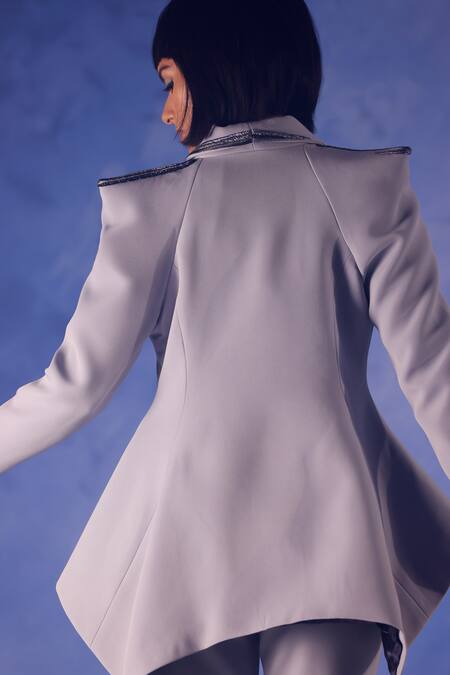 Orthodox Grey Banana Crepe Placement Embroidery Aari Lapel Obelisk Asymmetric Blazer at Aza Fashions Orthodox_Grey Banana Crepe Placement Embroidery Aari Lapel Obelisk Asymmetric Blazer _at_Aza_Fashions