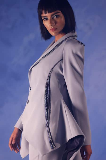 Buy Orthodox Grey Banana Crepe Placement Embroidery Aari Lapel Obelisk Asymmetric Blazer Buy_Orthodox_Grey Banana Crepe Placement Embroidery Aari Lapel Obelisk Asymmetric Blazer