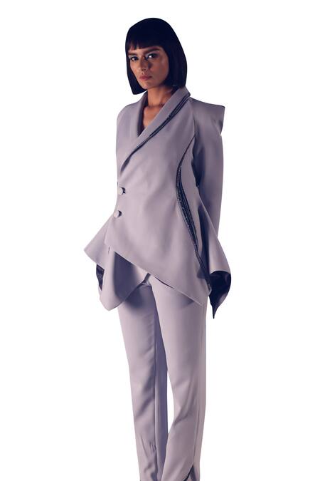 Shop Orthodox Grey Banana Crepe Placement Embroidery Aari Lapel Obelisk Asymmetric Blazer Shop_Orthodox_Grey Banana Crepe Placement Embroidery Aari Lapel Obelisk Asymmetric Blazer