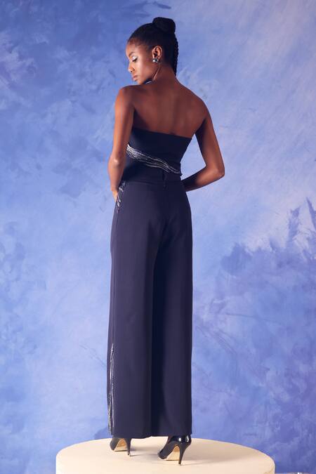 Shop_Orthodox_Blue Banana Crepe Placement Embroidery Aari Obelisk Flared Trouser _at_Aza_Fashions