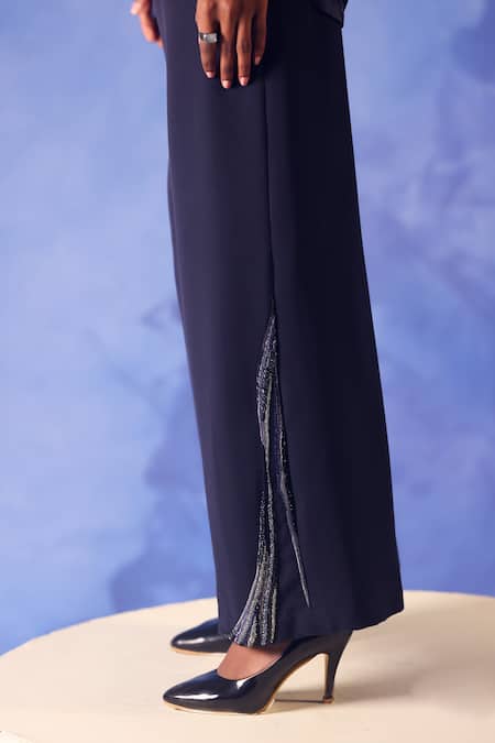 Orthodox_Blue Banana Crepe Placement Embroidery Aari Obelisk Flared Trouser _Online_at_Aza_Fashions