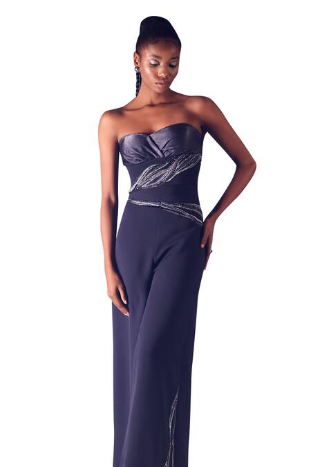 Buy_Orthodox_Blue Banana Crepe Placement Embroidery Aari Obelisk Flared Trouser _Online_at_Aza_Fashions