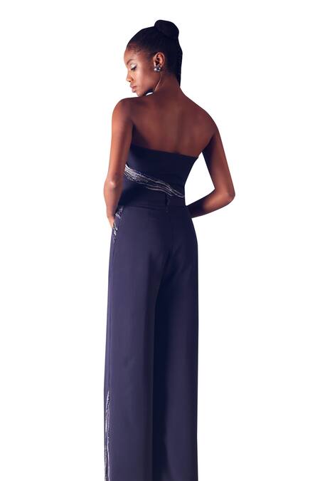 Shop_Orthodox_Blue Banana Crepe Placement Embroidery Aari Obelisk Flared Trouser _Online_at_Aza_Fashions