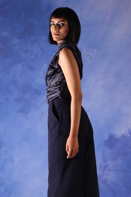 Buy Orthodox Blue Banana Crepe Placement Embroidery Aari Isis Celestial Draped Trouser Online at Aza Fashions Buy_Orthodox_Blue Banana Crepe Placement Embroidery Aari Isis Celestial Draped Trouser _Online_at_Aza_Fashions