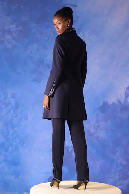 Shop_Orthodox_Blue Banana Crepe Placement Embroidery Aari Lapel Isis Midnight Elegance Coat _at_Aza_Fashions