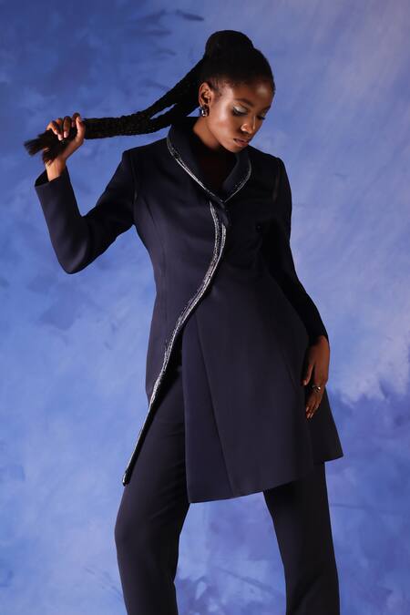 Orthodox_Blue Banana Crepe Placement Embroidery Aari Lapel Isis Midnight Elegance Coat _Online_at_Aza_Fashions