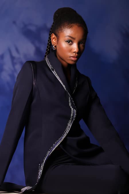 Buy_Orthodox_Blue Banana Crepe Placement Embroidery Aari Lapel Isis Midnight Elegance Coat _Online_at_Aza_Fashions