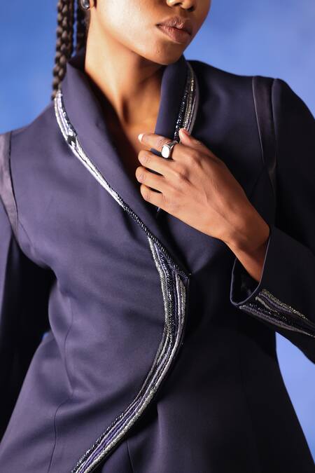 Shop_Orthodox_Blue Banana Crepe Placement Embroidery Aari Lapel Isis Midnight Elegance Coat _Online_at_Aza_Fashions