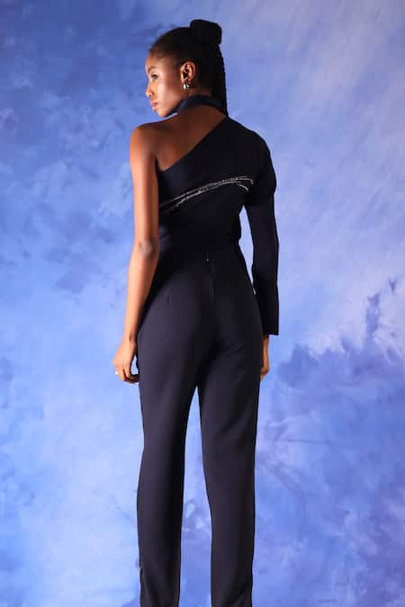 Shop_Orthodox_Blue Banana Crepe Placement Embroidery Aari Collared Nefetari One Shoulder Top _at_Aza_Fashions
