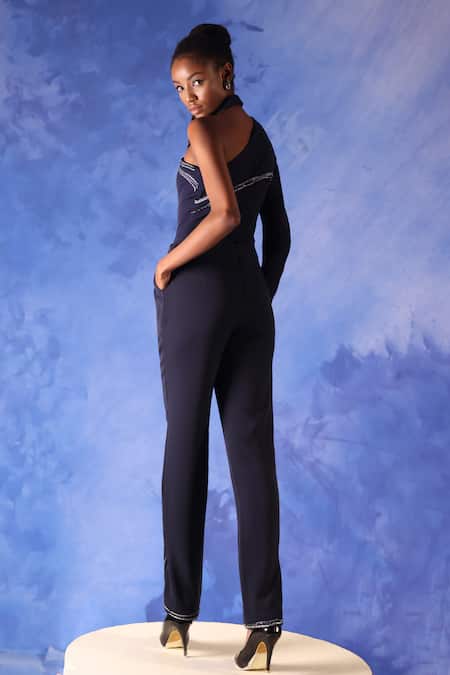 Shop_Orthodox_Blue Banana Crepe Placement Embroidery Aari Collared Nefetari One Shoulder Top _Online_at_Aza_Fashions