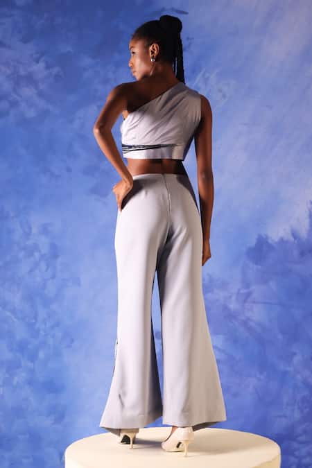 Shop Orthodox Grey Banana Crepe Placement Embroidery Aari Heba Overlap Slit Trouser at Aza Fashions Shop_Orthodox_Grey Banana Crepe Placement Embroidery Aari Heba Overlap Slit Trouser _at_Aza_Fashions