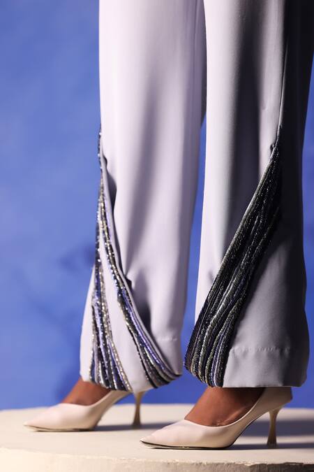 Orthodox Grey Banana Crepe Placement Embroidery Aari Heba Overlap Slit Trouser at Aza Fashions Orthodox_Grey Banana Crepe Placement Embroidery Aari Heba Overlap Slit Trouser _at_Aza_Fashions