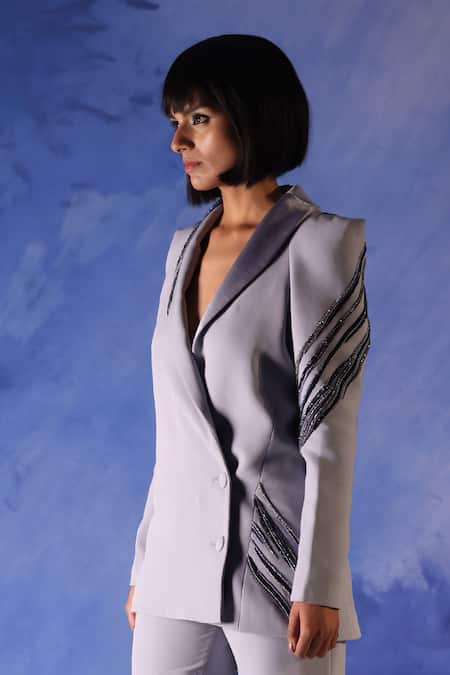 Shop Orthodox Grey Banana Crepe Placement Embroidery Aari Lapel Collar The Cleopatra Blazer at Aza Fashions Shop_Orthodox_Grey Banana Crepe Placement Embroidery Aari Lapel Collar The Cleopatra Blazer _at_Aza_Fashions