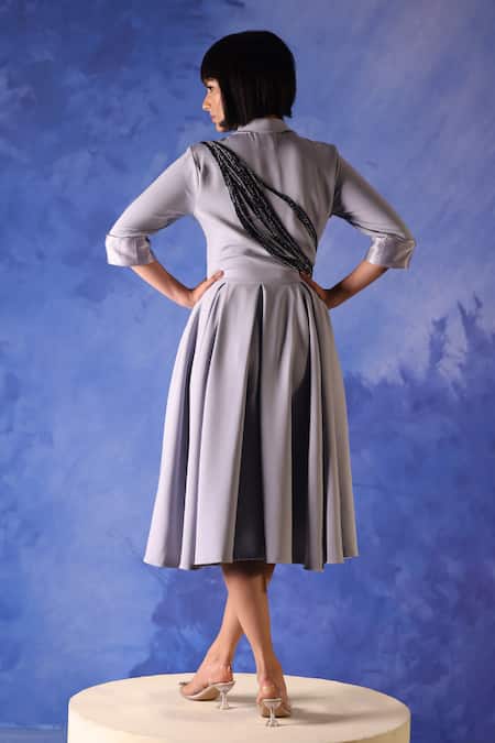 Shop Orthodox Grey Banana Crepe Placement Embroidery Aari Collared Neck Amunet Skater Dress at Aza Fashions Shop_Orthodox_Grey Banana Crepe Placement Embroidery Aari Collared Neck Amunet Skater Dress _at_Aza_Fashions