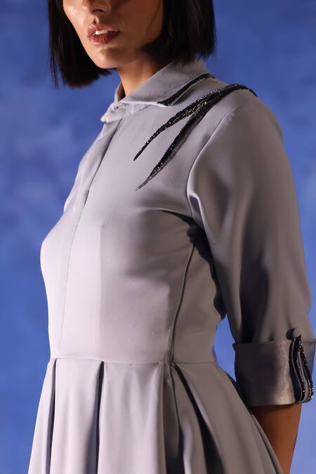 Orthodox Grey Banana Crepe Placement Embroidery Aari Collared Neck Amunet Skater Dress Online at Aza Fashions Orthodox_Grey Banana Crepe Placement Embroidery Aari Collared Neck Amunet Skater Dress _Online_at_Aza_Fashions