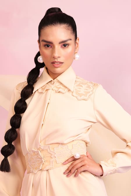 Shop Orthodox Yellow Aari Sylvan Essence Embroidered Belt at Aza Fashions Shop_Orthodox_Yellow Aari Sylvan Essence Embroidered Belt _at_Aza_Fashions