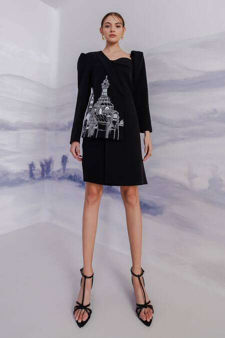 Buy Orthodox Black Banana Crepe Embroidered Thread One-shoulder Blazer Online at Aza Fashions Buy_Orthodox_Black Banana Crepe Embroidered Thread One-shoulder Blazer _Online_at_Aza_Fashions