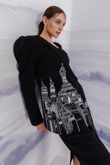 Shop Orthodox Black Banana Crepe Embroidered Thread One-shoulder Blazer Online at Aza Fashions Shop_Orthodox_Black Banana Crepe Embroidered Thread One-shoulder Blazer _Online_at_Aza_Fashions