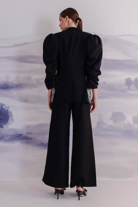 Shop Orthodox Black Crepe Embroidery Puffed Sleeve Blazer at Aza Fashions Shop_Orthodox_Black Crepe Embroidery Puffed Sleeve Blazer _at_Aza_Fashions