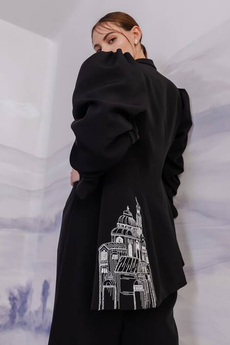 Shop Orthodox Black Crepe Embroidery Puffed Sleeve Blazer Online at Aza Fashions Shop_Orthodox_Black Crepe Embroidery Puffed Sleeve Blazer _Online_at_Aza_Fashions