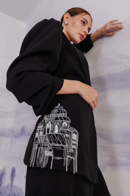 Orthodox Black Crepe Embroidery Puffed Sleeve Blazer at Aza Fashions Orthodox_Black Crepe Embroidery Puffed Sleeve Blazer _at_Aza_Fashions