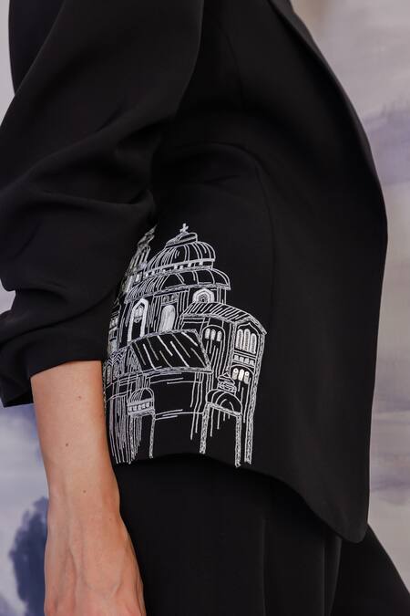 Buy Orthodox Black Crepe Embroidery Puffed Sleeve Blazer Buy_Orthodox_Black Crepe Embroidery Puffed Sleeve Blazer
