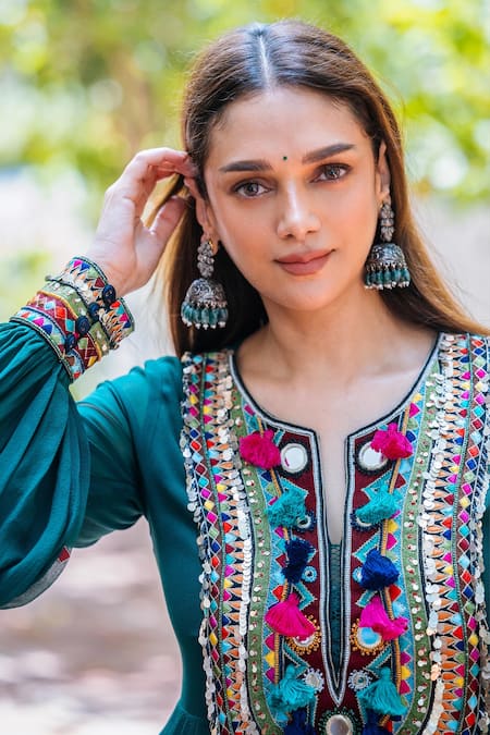 Shop_Karishma Khanduja Bareilly_Green Georgette Beads, Sequins, Embroidery Geometric Anarkali And Flared Pant Set 