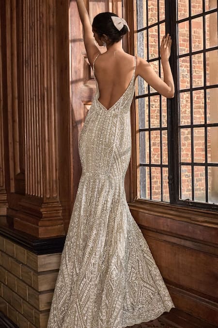 Seema Gujral Embroidered Plunge V Neck Gown 