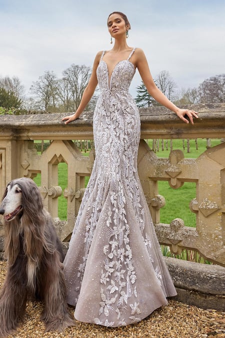 Buy_Seema Gujral_Beige Net Sequins, Beads Plunge Neck Embroidered Strappy Gown _Online_at_Aza_Fashions