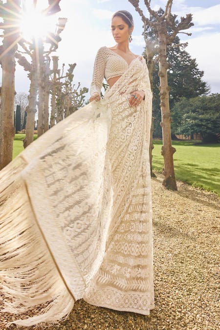 Seema Gujral_Beige Net Pearls, Sequins, Embroidery Plunge Neck Stripe Saree With Blouse _Online_at_Aza_Fashions