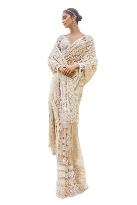 Buy_Seema Gujral_Beige Net Pearls, Sequins, Embroidery Plunge Neck Stripe Saree With Blouse _Online_at_Aza_Fashions