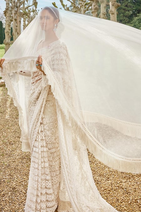 Shop_Seema Gujral_Beige Net Pearls, Sequins, Embroidery Plunge Neck Stripe Saree With Blouse _Online_at_Aza_Fashions