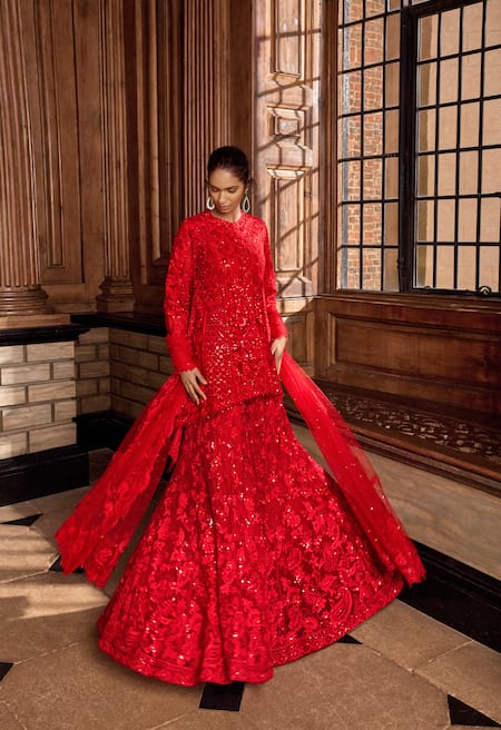 Seema Gujral_Red Net Sequins, Beads, Embroidery Round Neck Thread Kurta Sharara Set _Online_at_Aza_Fashions