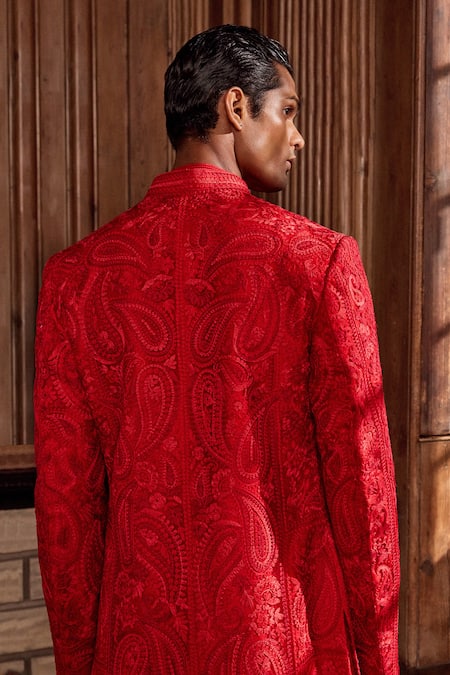 Shop Seema Gujral Red Silk Embroidery Paisley Sherwani Set at Aza Fashions Shop_Seema Gujral_Red Silk Embroidery Paisley Sherwani Set _at_Aza_Fashions