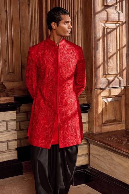 Seema Gujral Red Silk Embroidery Paisley Sherwani Set Online at Aza Fashions Seema Gujral_Red Silk Embroidery Paisley Sherwani Set _Online_at_Aza_Fashions