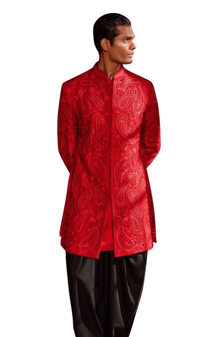 Buy Seema Gujral Red Silk Embroidery Paisley Sherwani Set Online at Aza Fashions Buy_Seema Gujral_Red Silk Embroidery Paisley Sherwani Set _Online_at_Aza_Fashions