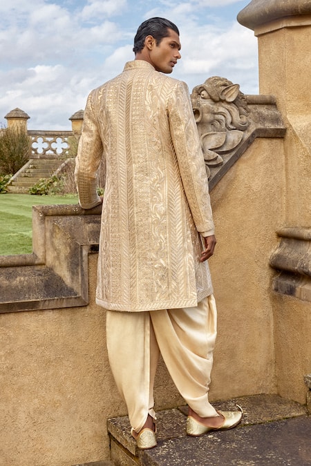 Seema Gujral_Rose Gold Silk Embroidery, Ribbons Abstract Sherwani Set _Online_at_Aza_Fashions